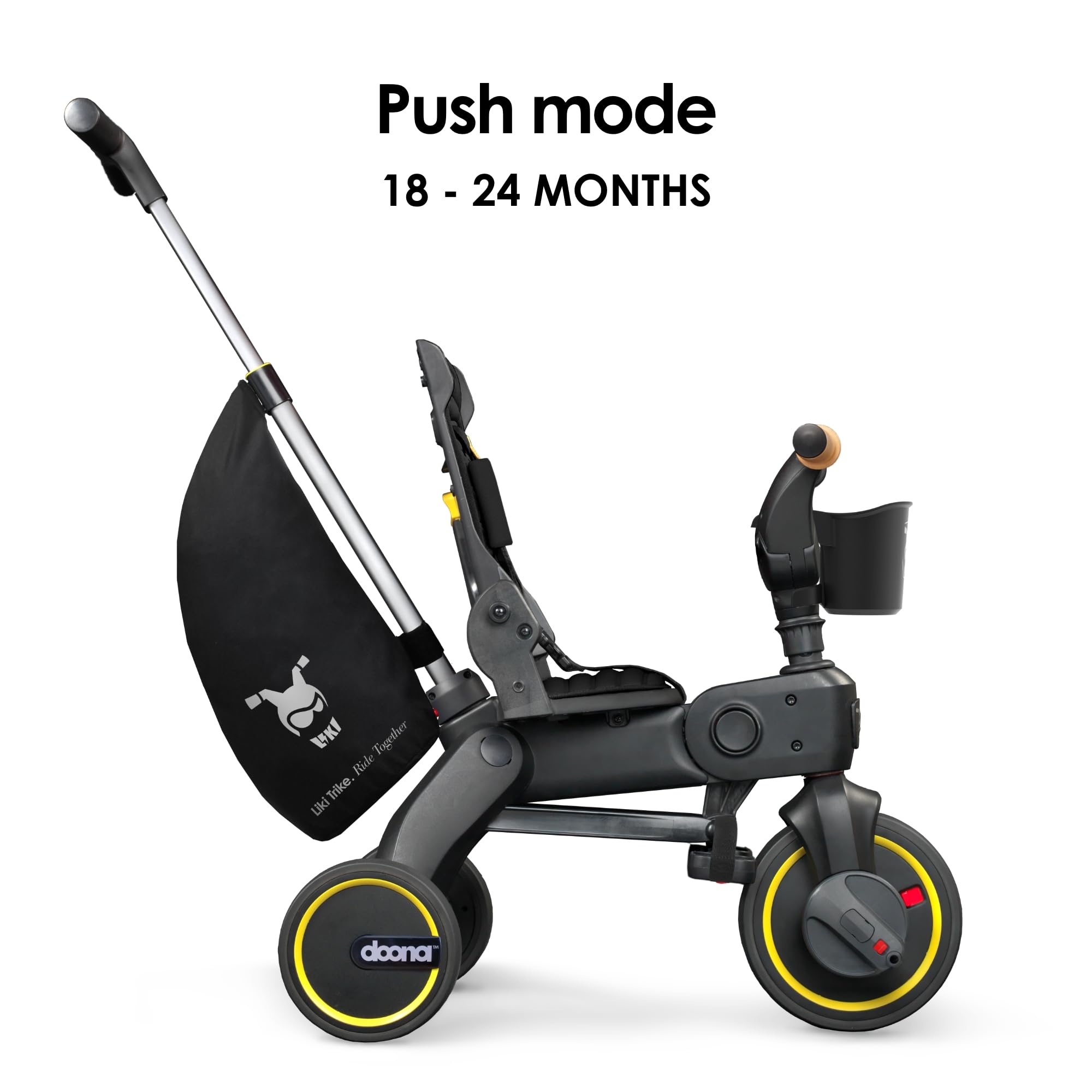 Parent-control bar engaged for guided steering on DOONA Liki Trike S5 Nitro Black