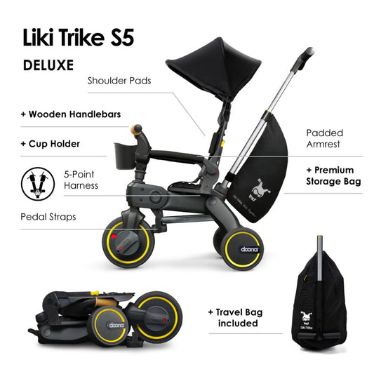 DOONA Liki Trike S5 Nitro Black in mode transition illustrating growth with child