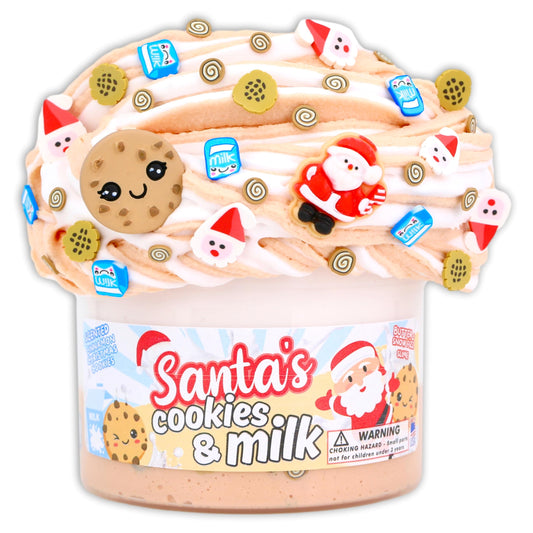 Dope Slimes Santa's Cookies & Milk butter snowfizz slime in a jar, soft and stretchy sensory play.