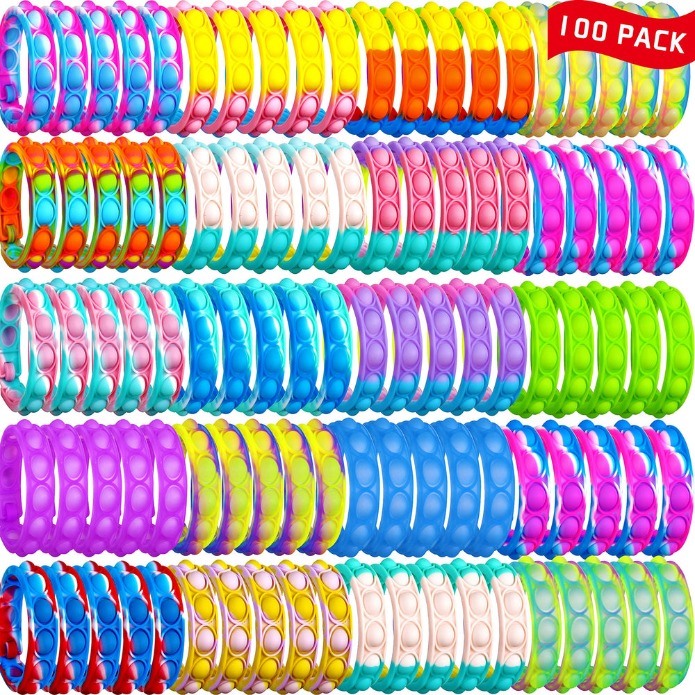 DOPWQAA pop bracelets bulk pack shown in multicolor mix for classroom and party use.