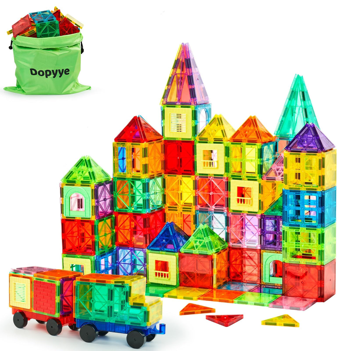 Dopyye 132-piece magnetic tiles set with two cars for creative play