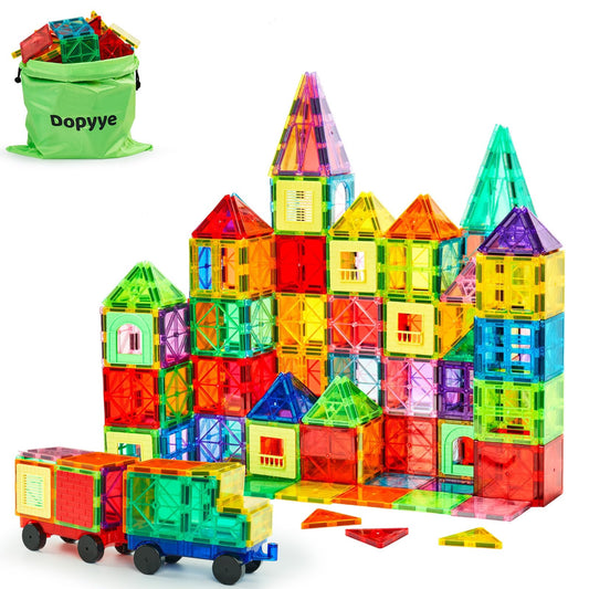 Dopyye 132-piece magnetic tiles set with two cars for creative play