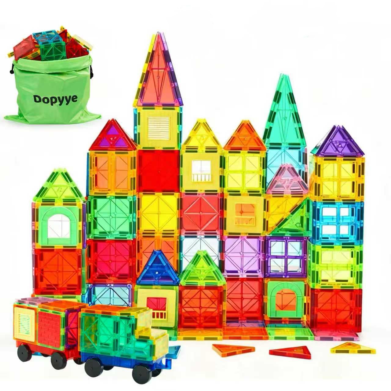 Dopyye magnetic tiles set—colorful shapes—encourages imaginative play and fine motor skills.