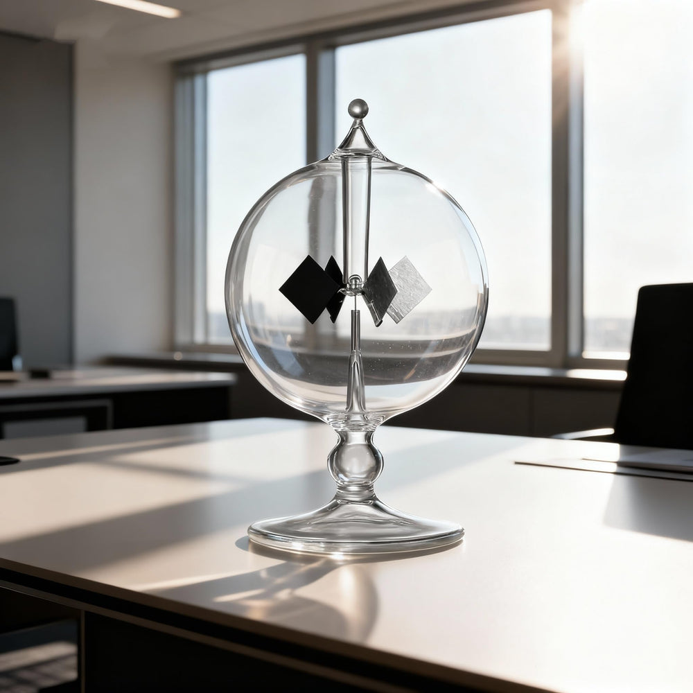 DORAMI radiometer resting on a flat desk surface, showcasing light-driven motion.