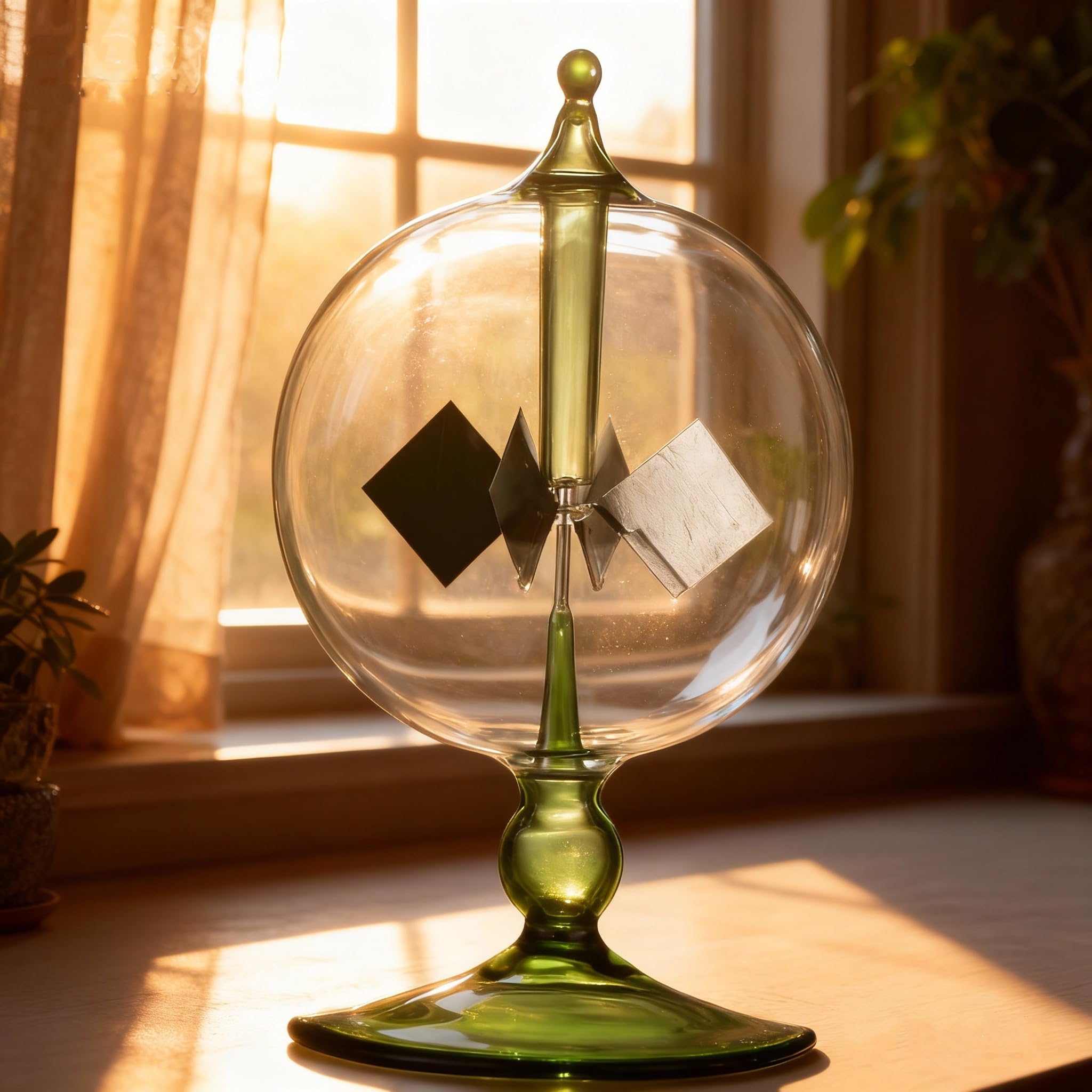 DORAMI Vacuum glass radiometer under light demonstrates energy-free motion for education.