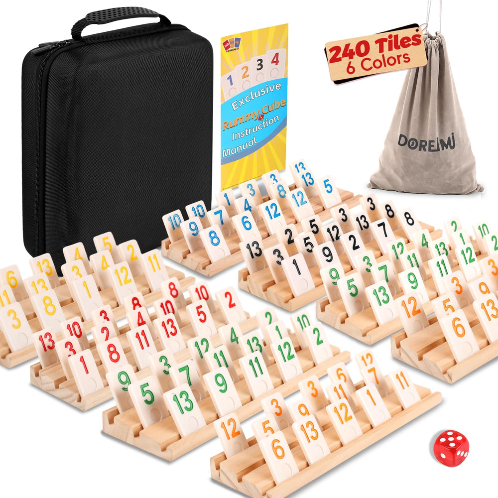 Doreimi Deluxe Rummy Cube set with wooden racks ready for family game night.