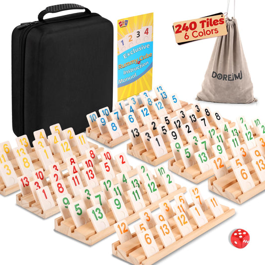 Doreimi Deluxe Rummy Cube set with wooden racks ready for family game night.
