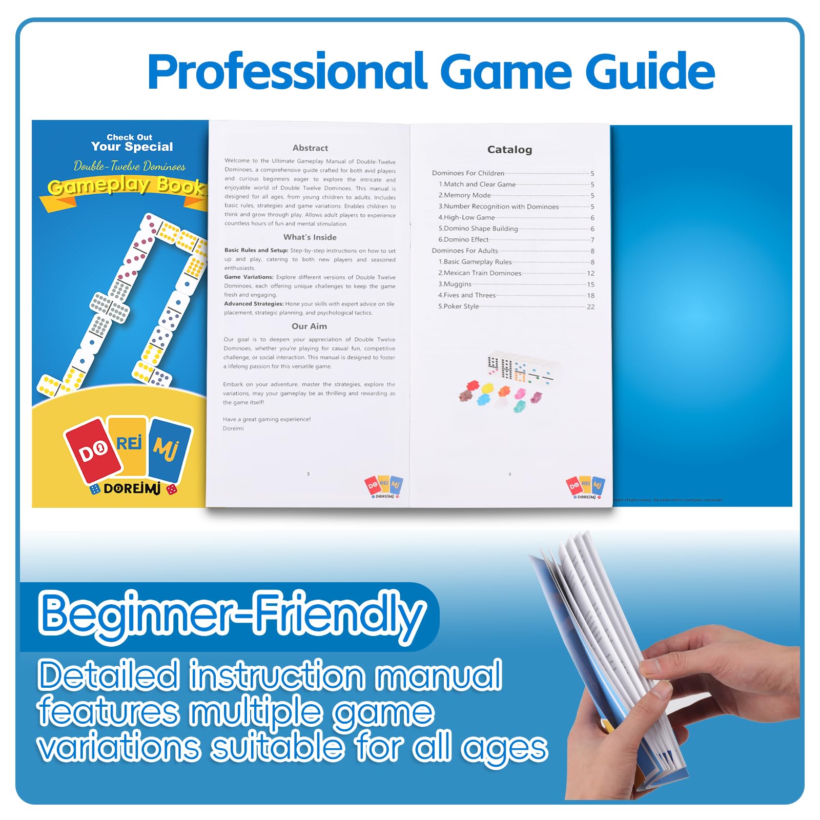 Doreimi double-12 dominoes in colorful set support easy learning and strategic play.