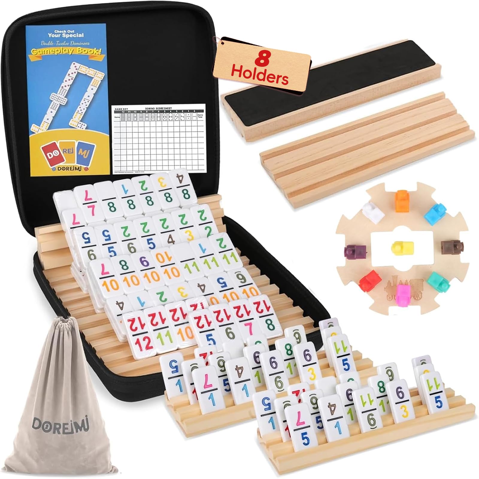 Doreimi Mexican Train domino tiles with numbers for family play.