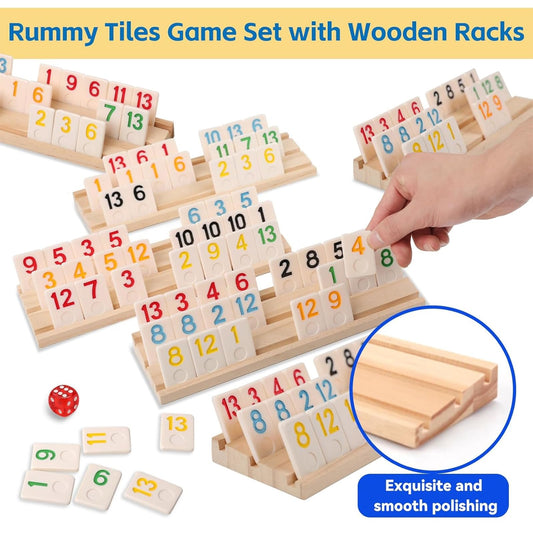 Doreimi wooden racks for six players keep tiles organized.