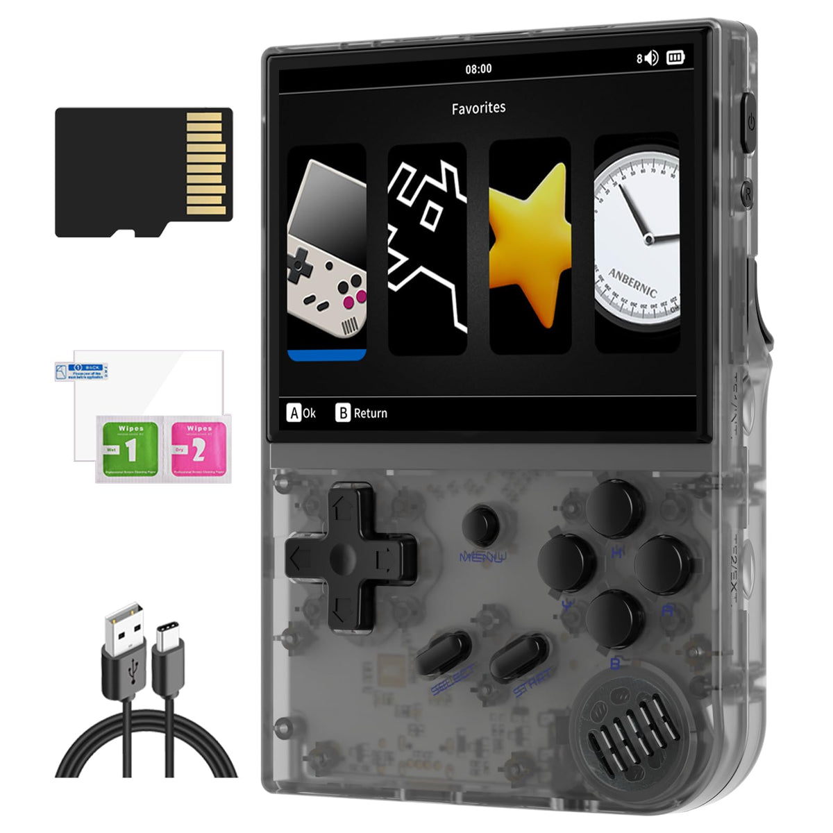 Doriteney RG35XX front view shows portable handheld with crisp IPS display for gaming.