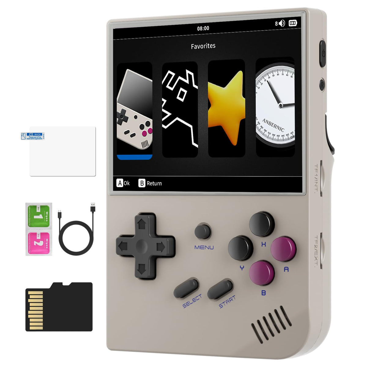 Doriteney RG35XX handheld front view shows compact design for on-the-go retro gaming.