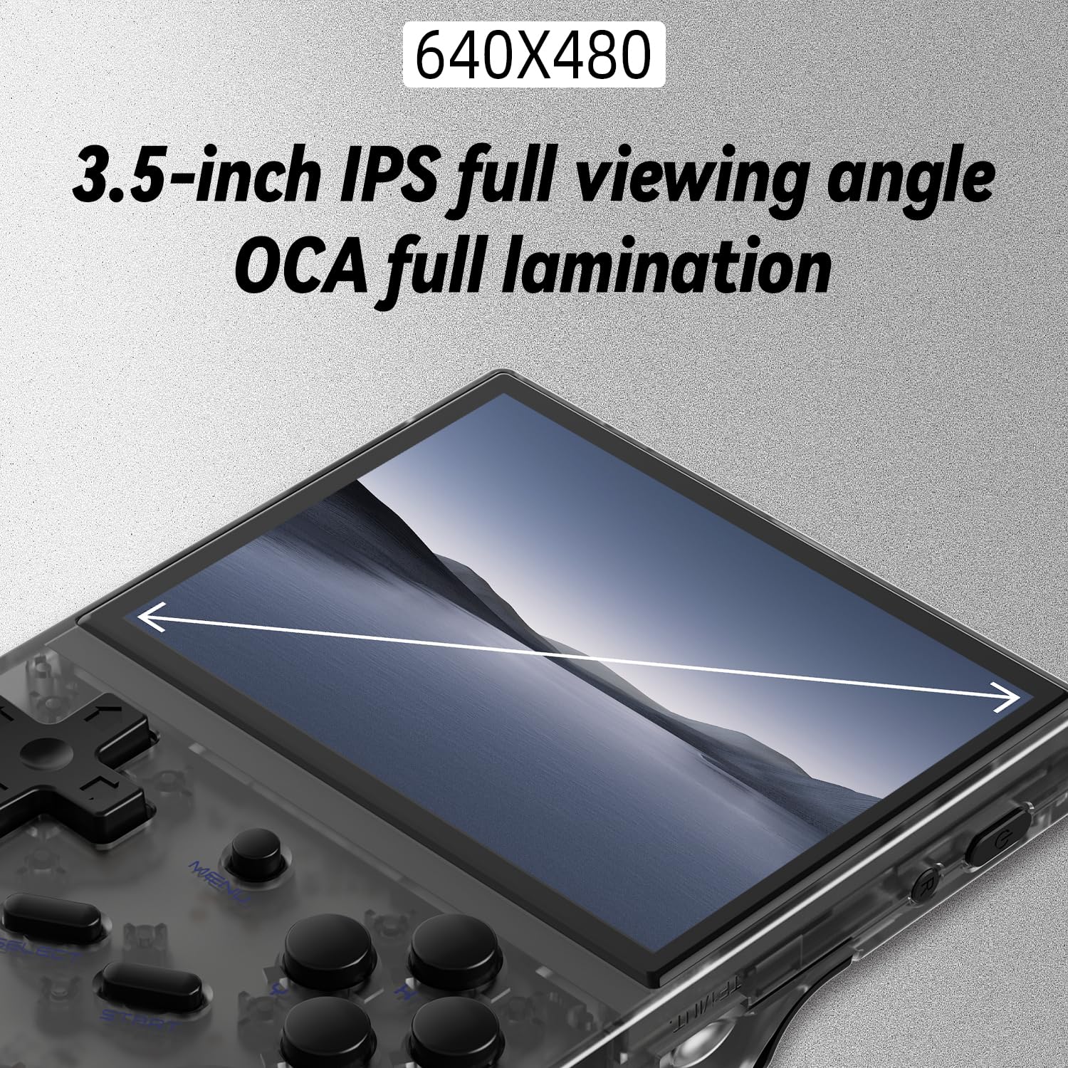 Doriteney RG35XX IPS display closeup highlights vivid colors for classic games.
