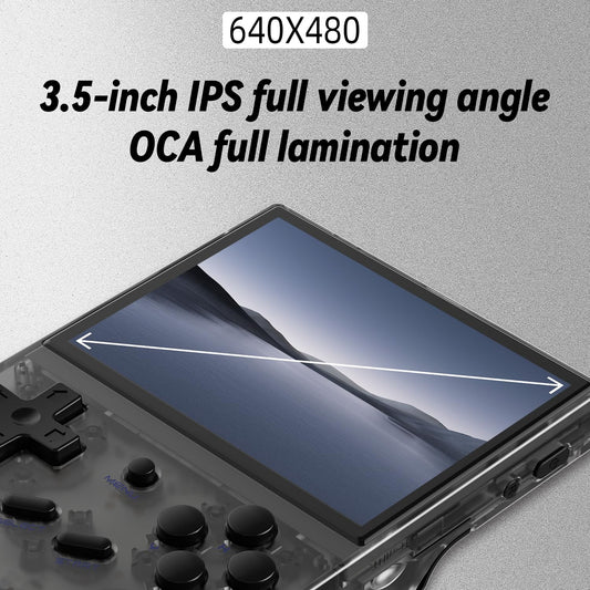 Doriteney RG35XX IPS display closeup highlights vivid colors for classic games.