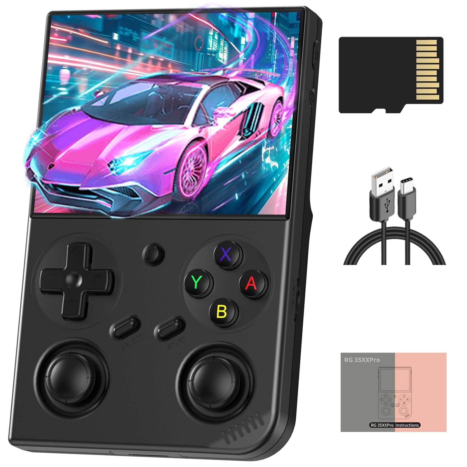 Doriteney RG35XX Pro front view showing compact handheld design for portable gaming on the go.