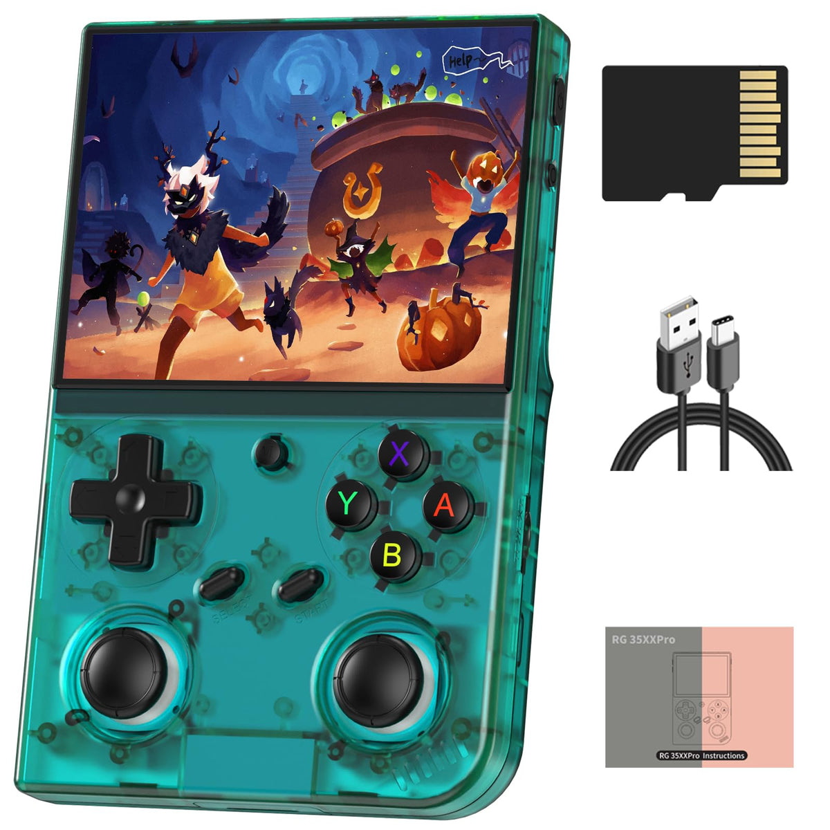 Doriteney RG35XX Pro Teal front view shows compact handheld design for on-the-go gaming.