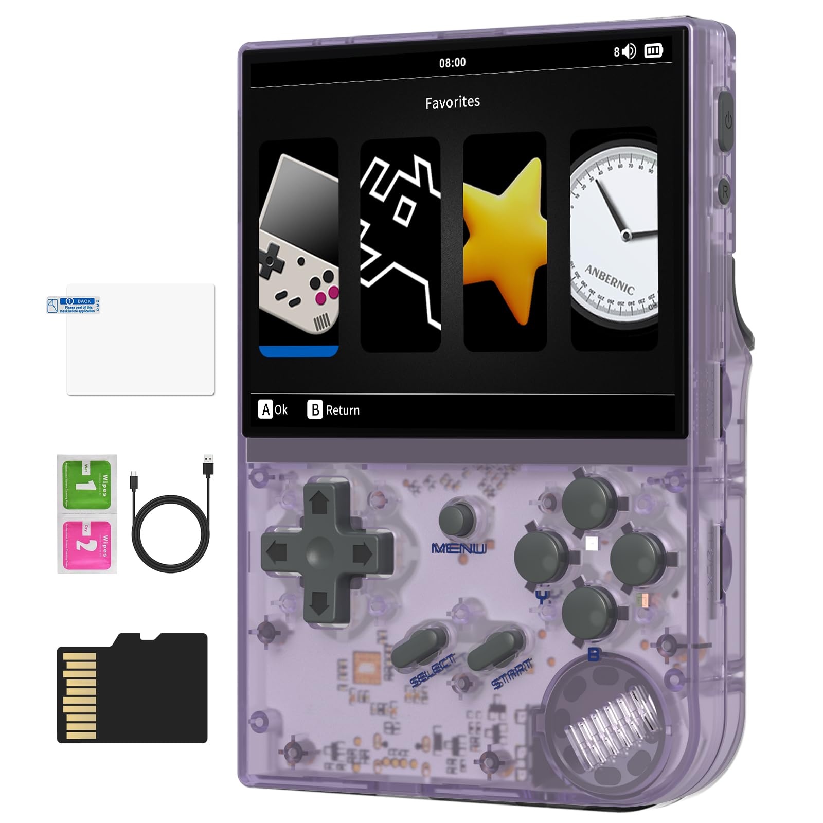 Doriteney RG35XX purple front view for on-the-go retro gaming