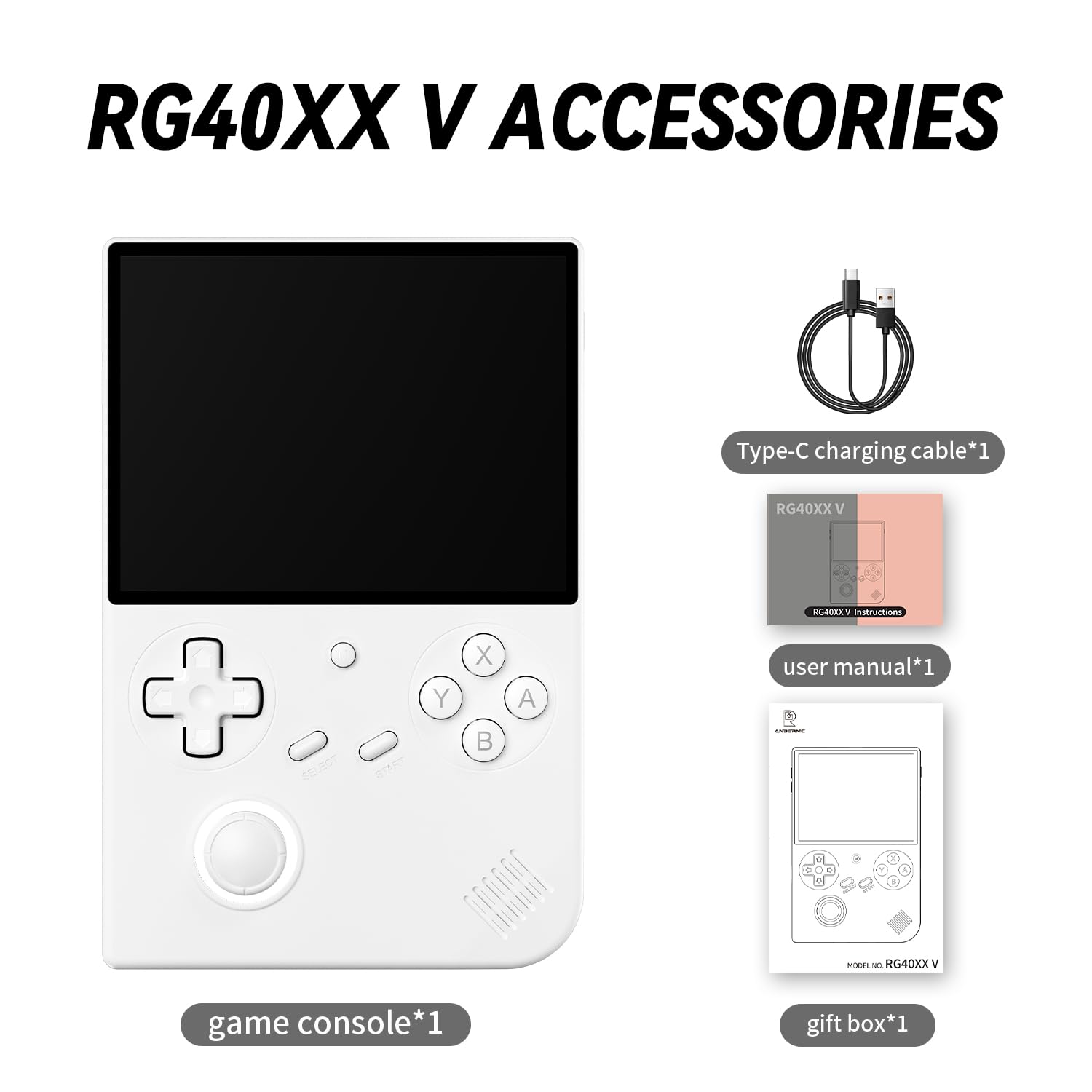 Doriteney RG40XX V packaging with 64GB card and games included.