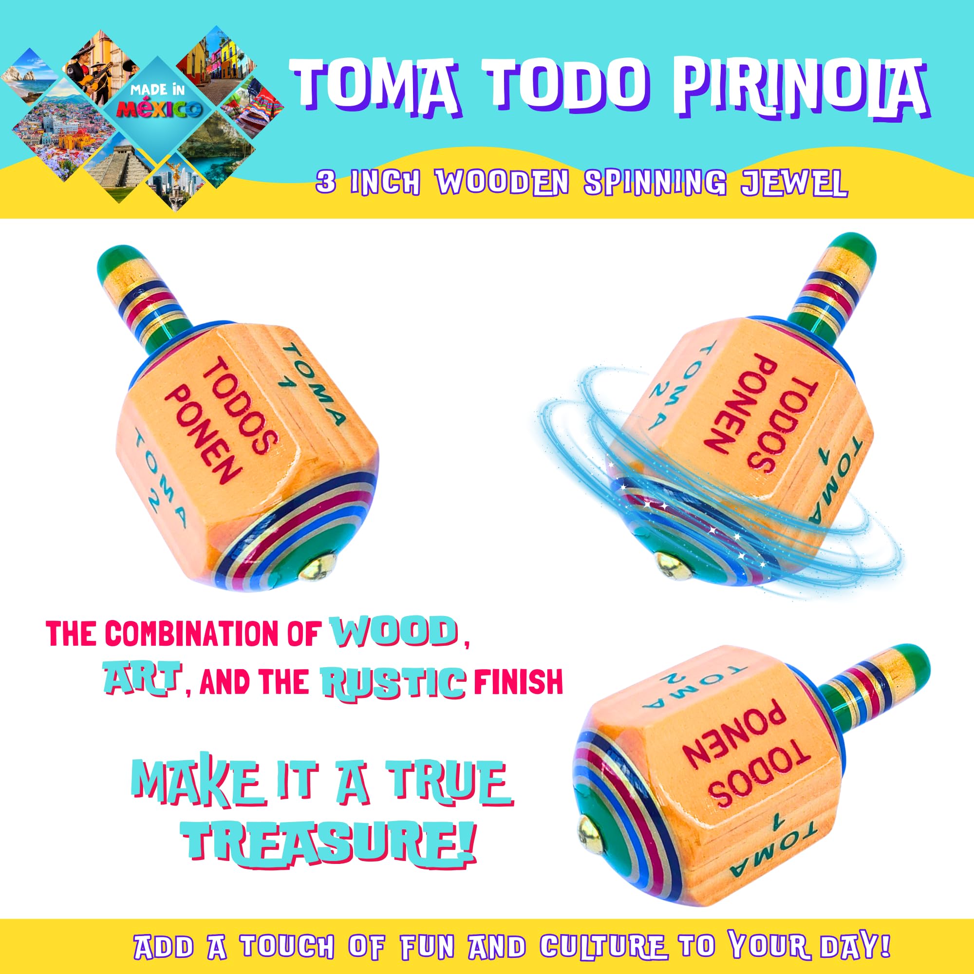 Dos Costalitos colorful wooden top design, smooth spin for family game night.