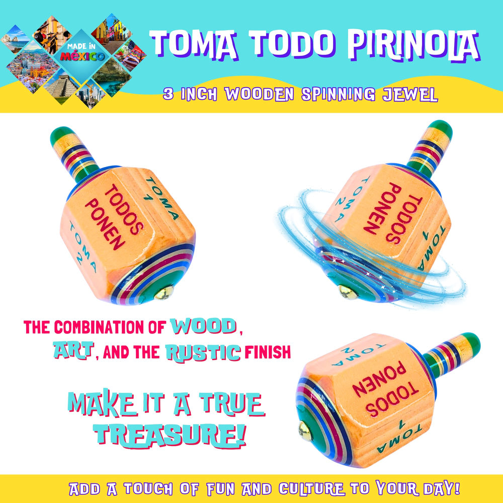Dos Costalitos colorful wooden top design, smooth spin for family game night.