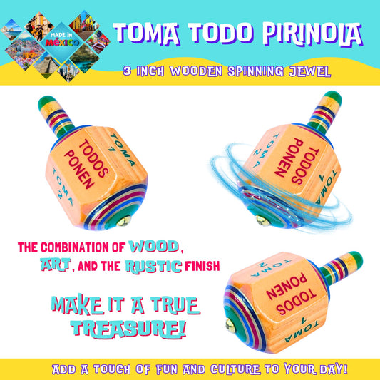 Dos Costalitos colorful wooden top design, smooth spin for family game night.