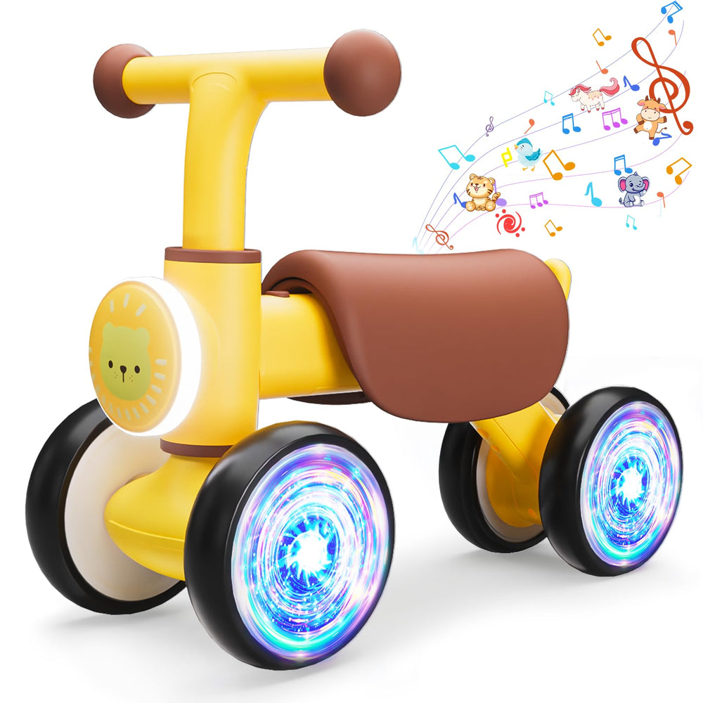 Doselie balance bike with four luminous wheels lighting up during toddler play.