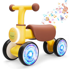 Doselie balance bike with four luminous wheels lighting up during toddler play.