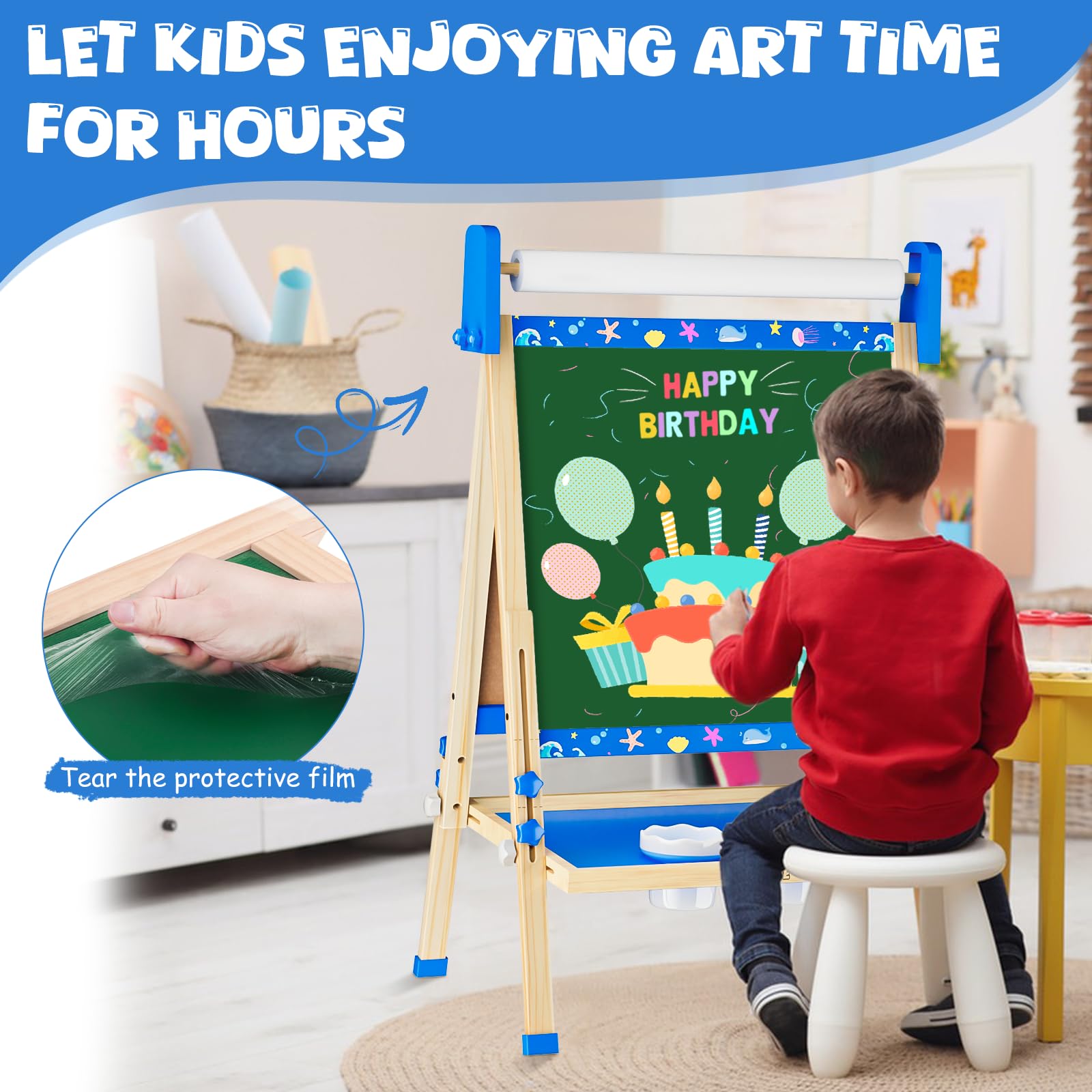 Doselie easel includes apron, brushes, and cups for art sessions.