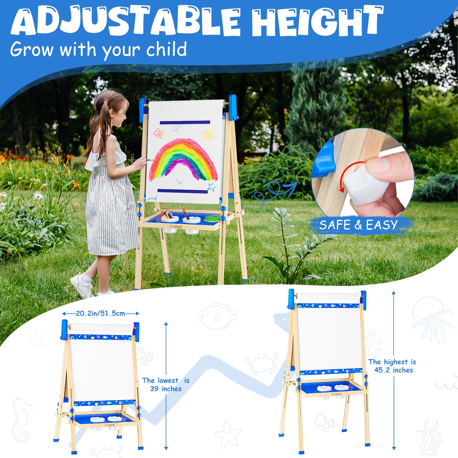Doselie adjustable-height easel showing growth from 39 to 47 inches.