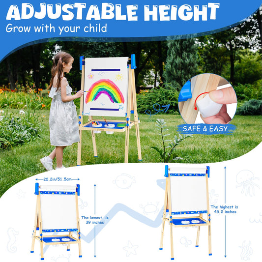 Doselie adjustable-height easel showing growth from 39 to 47 inches.