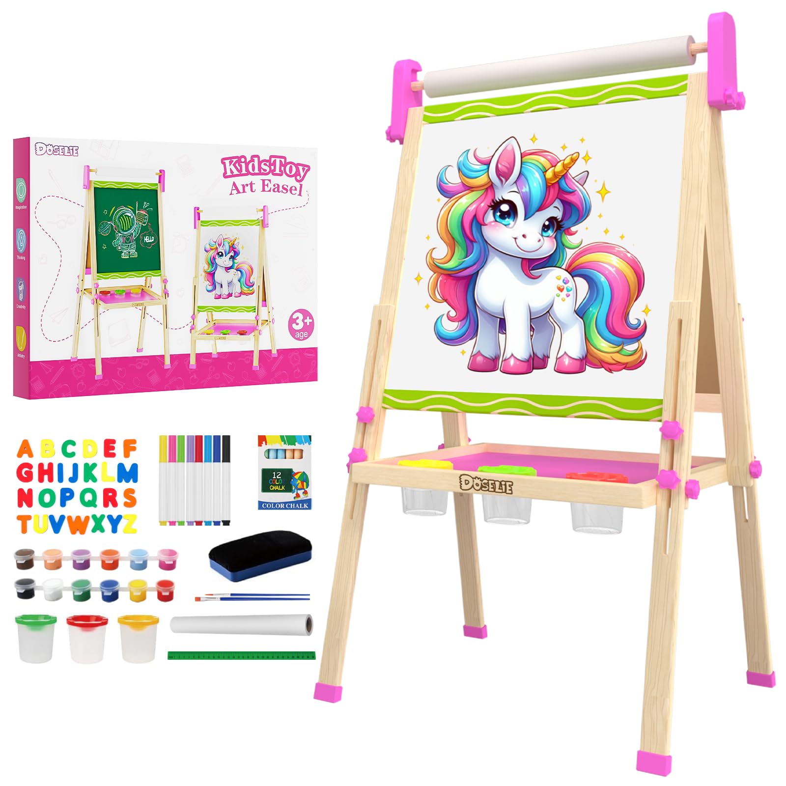 Doselie kids easel with double-sided magnetic board for chalk and dry erase creativity.