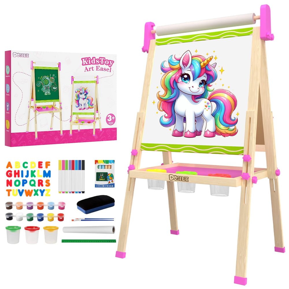 Doselie kids easel with double-sided magnetic board for chalk and dry erase creativity.