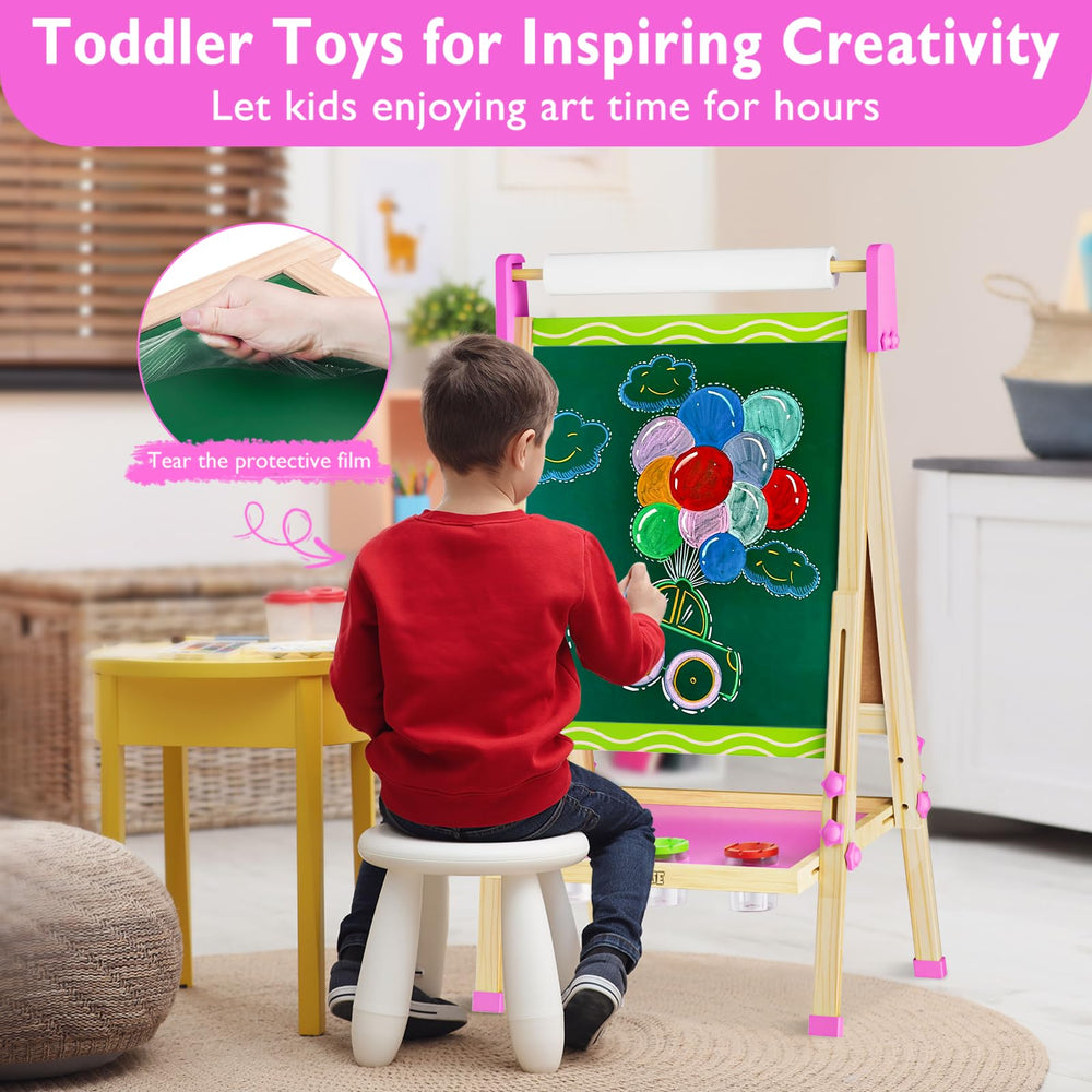 Storage basket on the Doselie easel keeps art tools neatly organized.