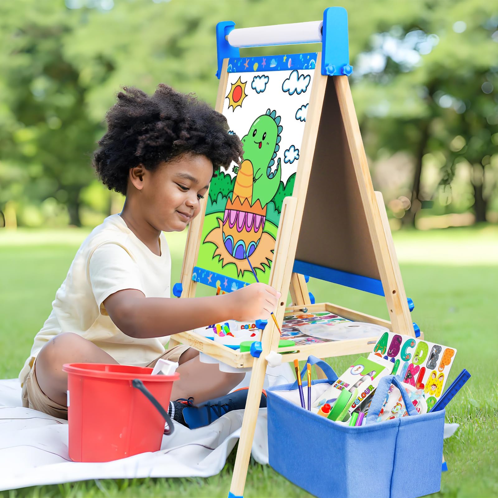 Doselie easel with storage shelf and baskets keeps supplies tidy.