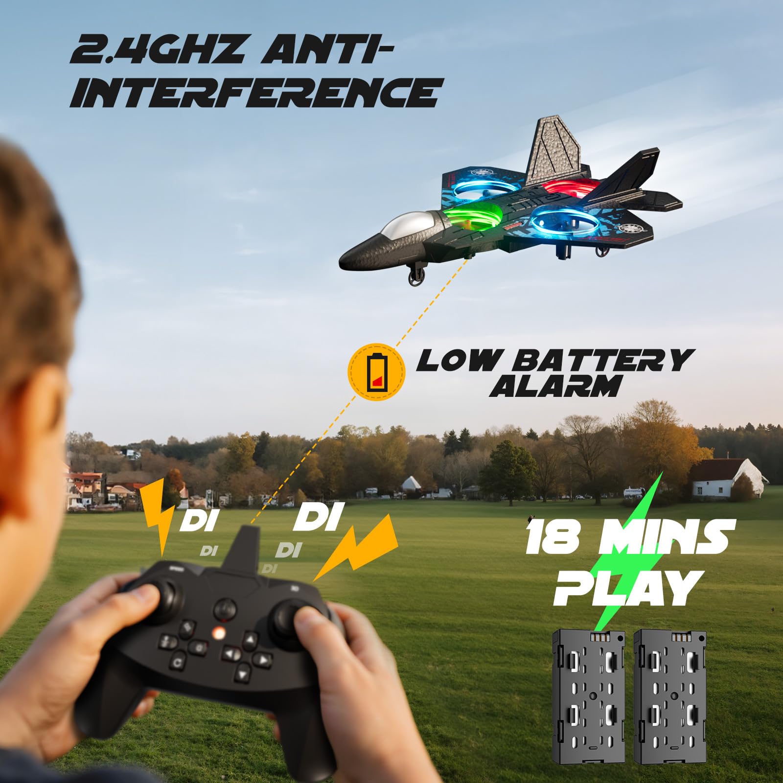 Dosumik RC plane includes a low battery alarm for safe landing.