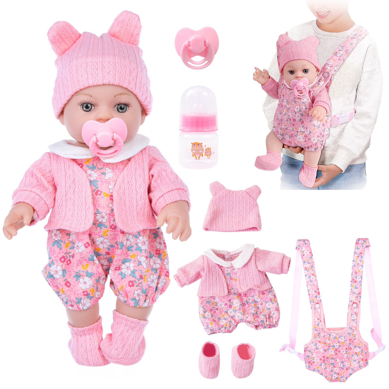 DOTVOSY 12-inch baby doll with carrier ready for pretend play adventures.