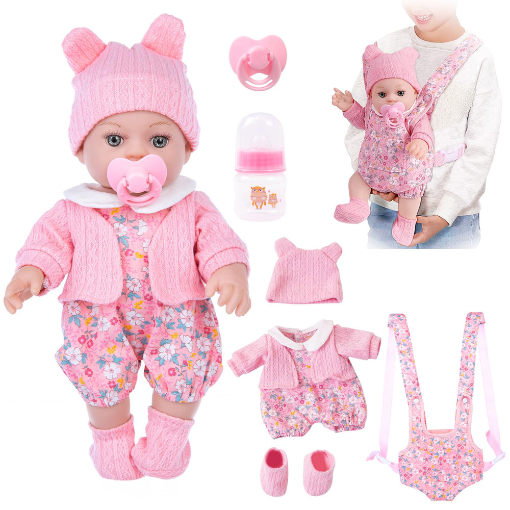 DOTVOSY 12-inch baby doll with carrier ready for pretend play adventures.