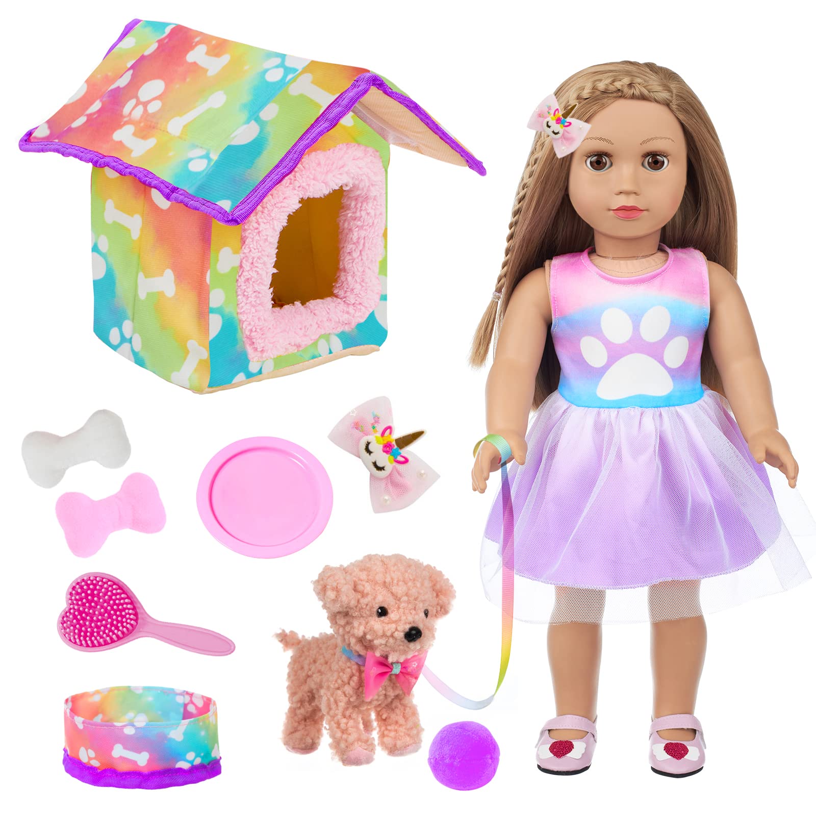 DOTVOSY American 18-inch doll pet play set with puppy and dress for imaginative play.