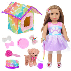 DOTVOSY American 18-inch doll pet play set with puppy and dress for imaginative play.
