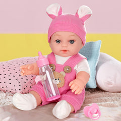 Close-up front view of the bear-pattern backpack on the Dotvosy doll.