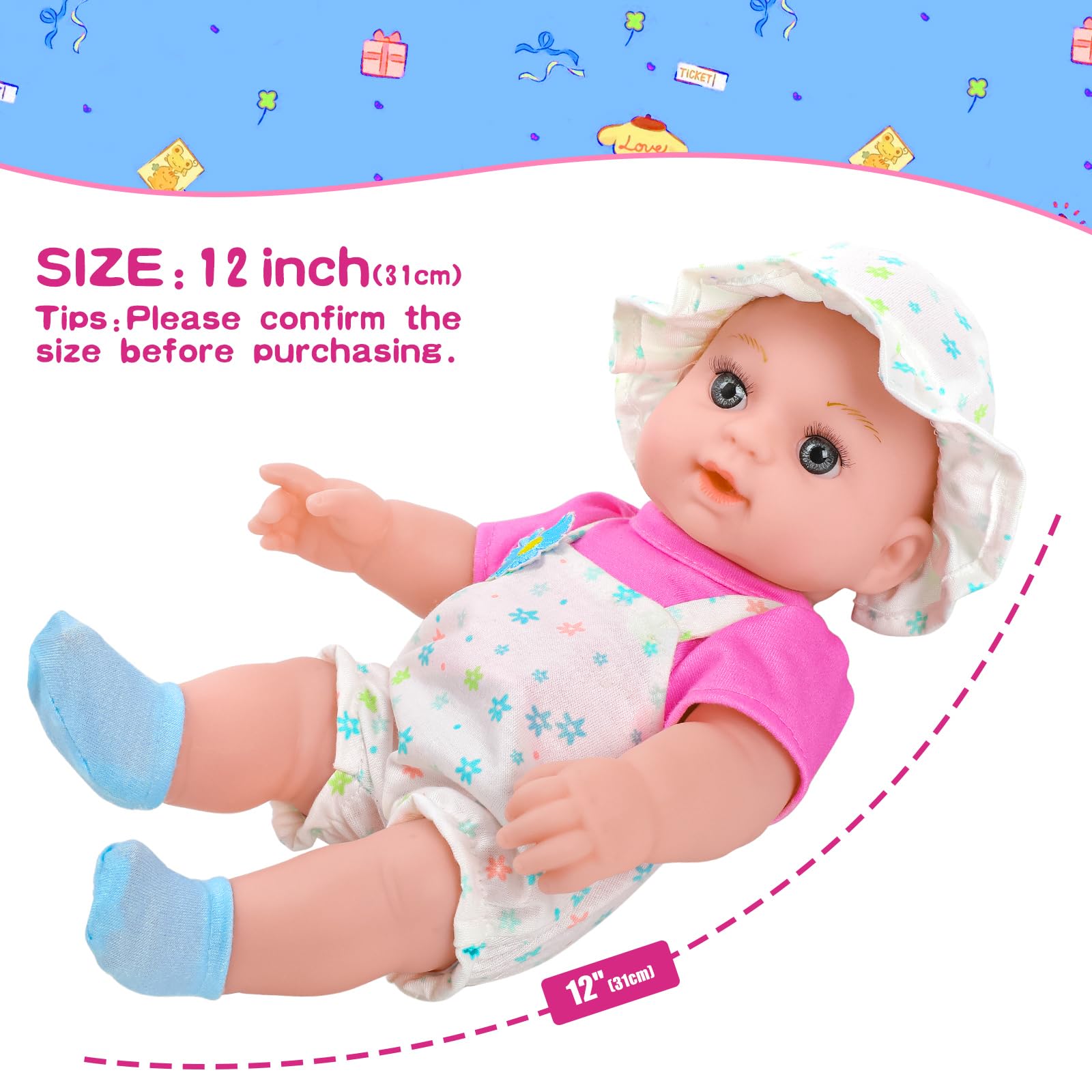 DOTVOSY 12-inch daisy doll face highlighting soft, friendly features for nurturing play