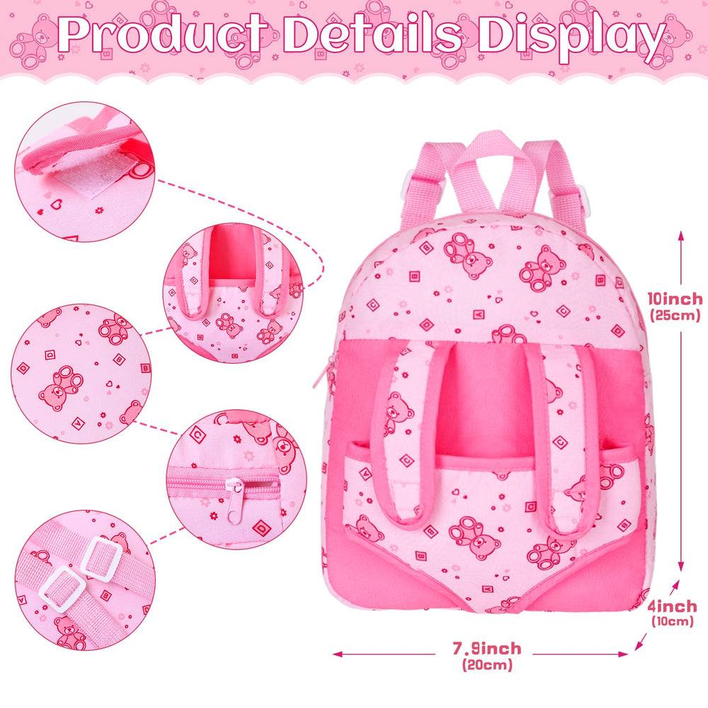 Doll with pacifier and pink hanky enhances pretend feeding moments.