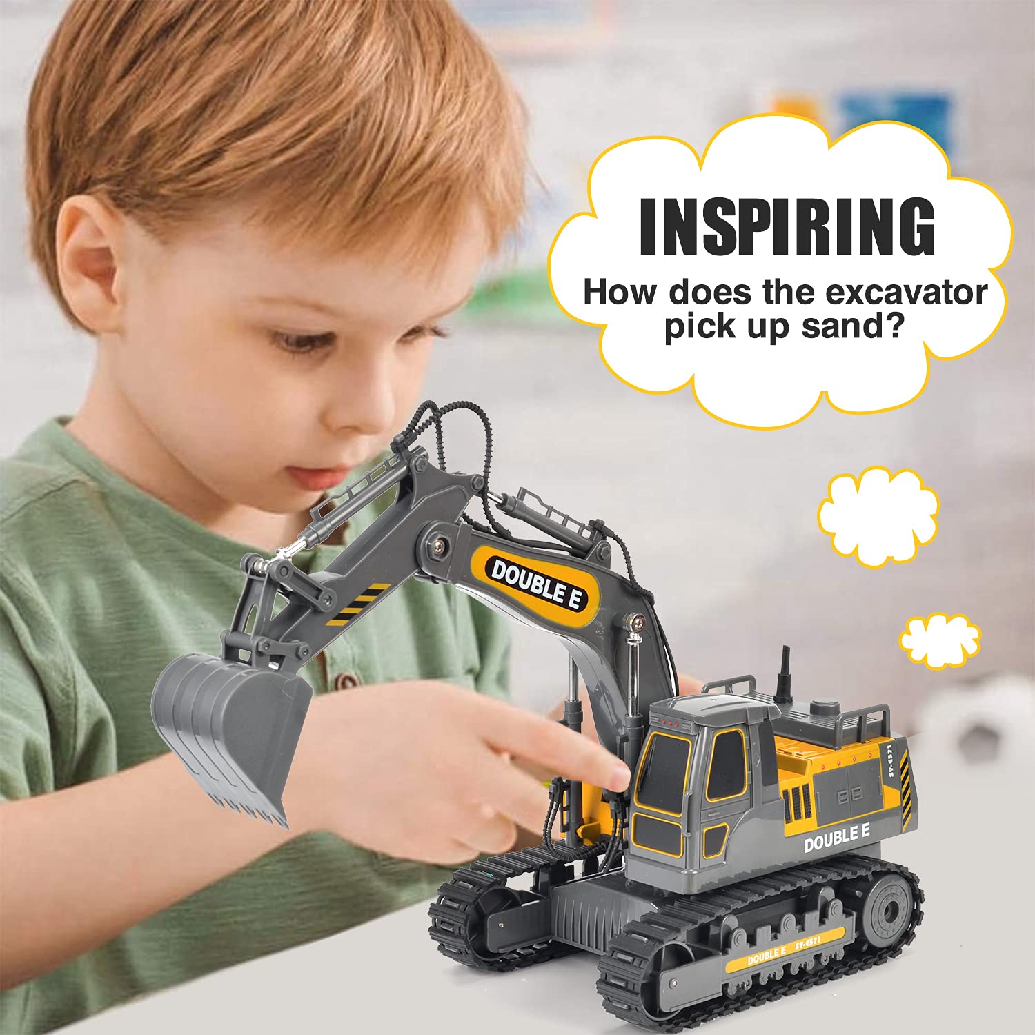 Double E battery-powered excavator with long playtime and auto-off safety.
