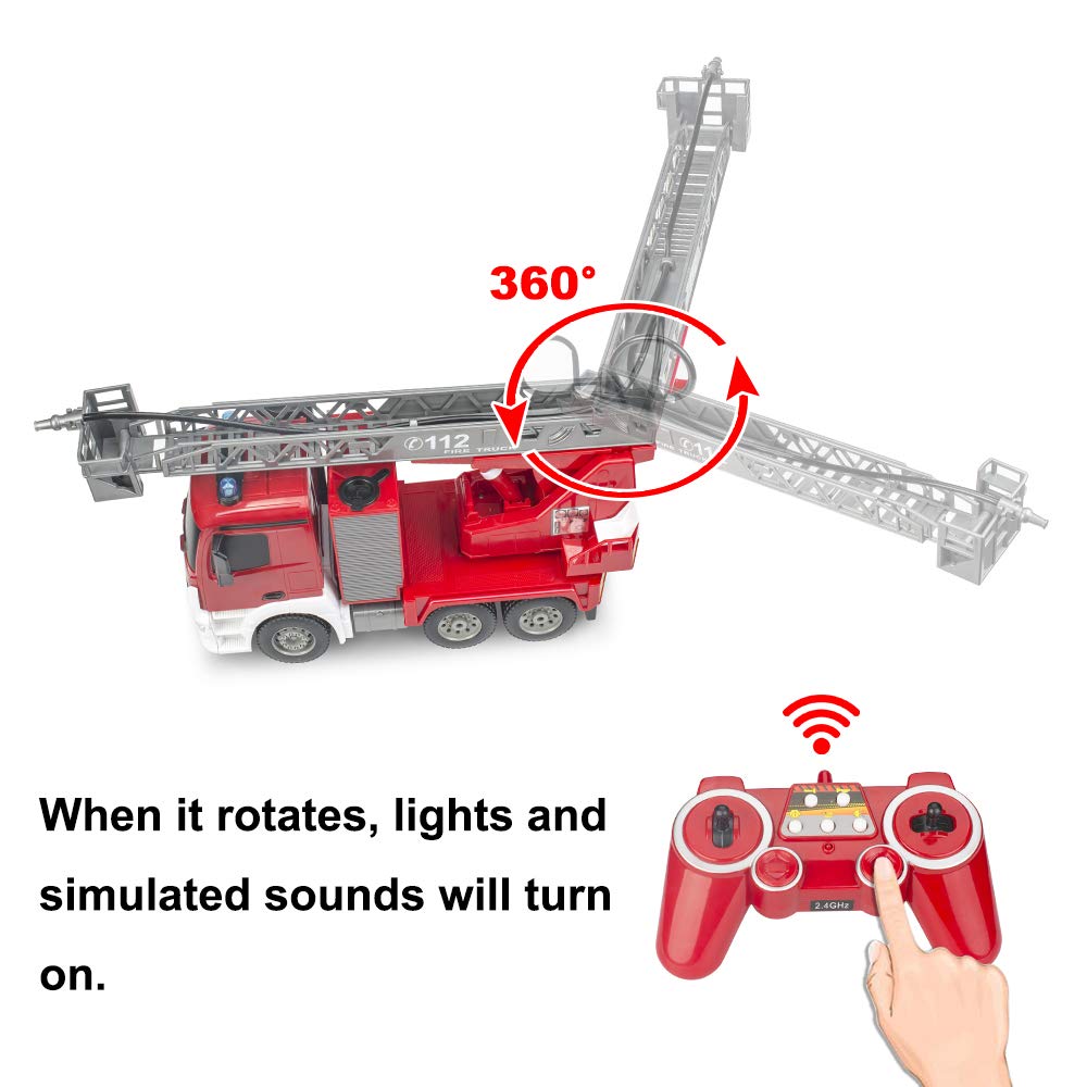 DOUBLE E Benz licensed fire truck rotating ladder image emphasizes height and safe ladder operation.