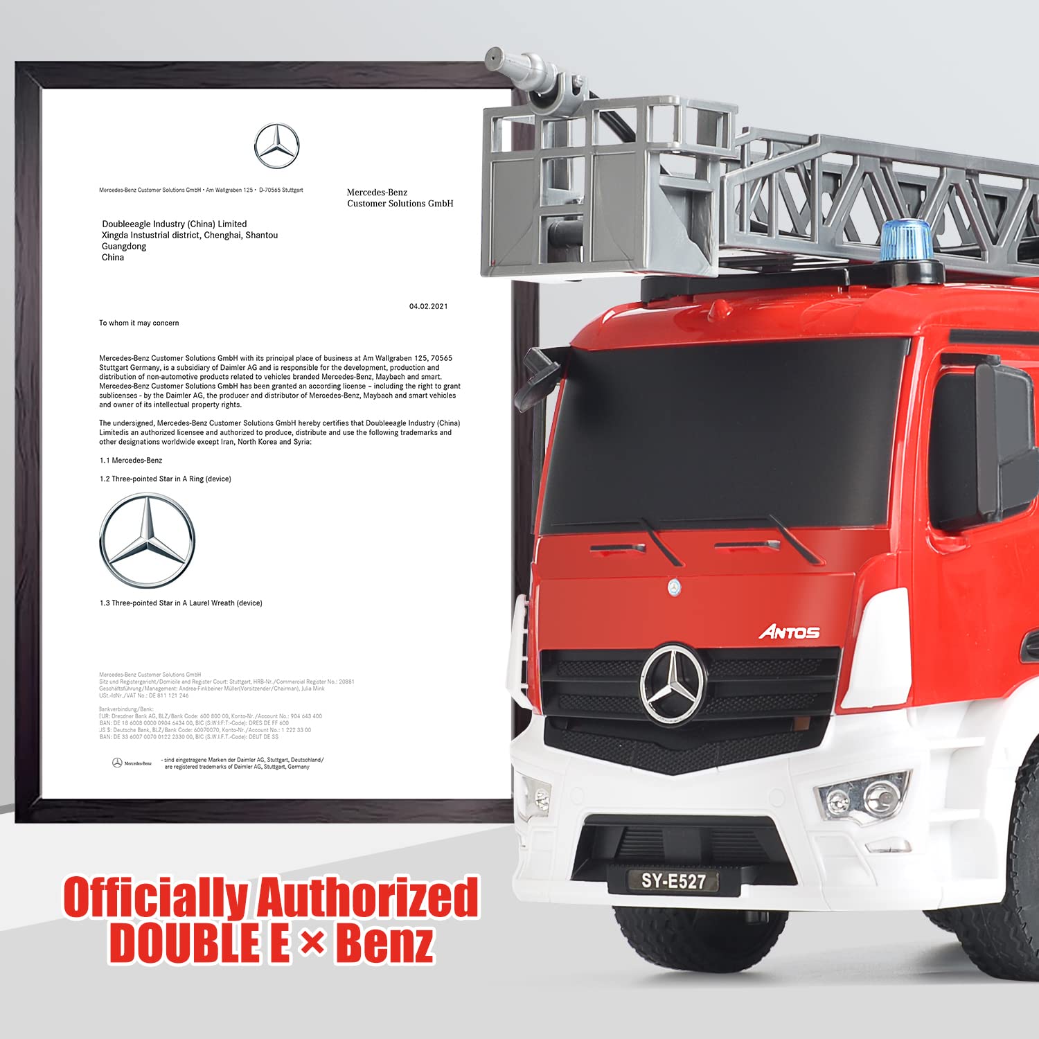 DOUBLE E Benz licensed fire truck side view highlights detailed features for imaginative rescue missions.