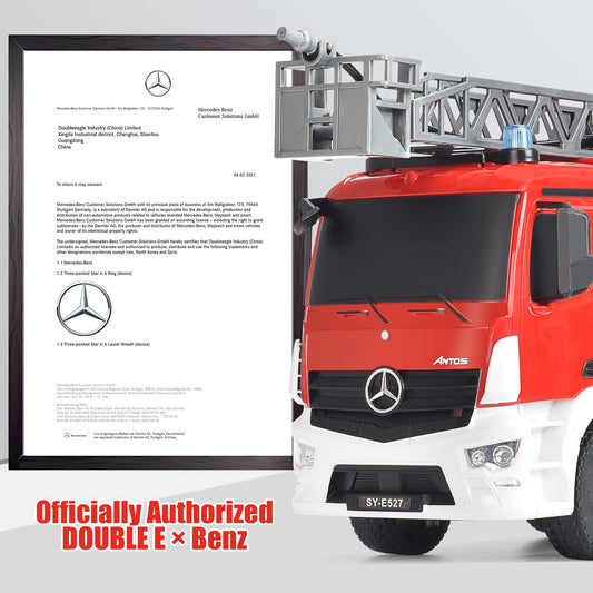 DOUBLE E Benz licensed fire truck side view highlights detailed features for imaginative rescue missions.