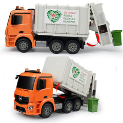 DOUBLE E Benz RC garbage truck on varied terrain showing 4-wheel drive capability