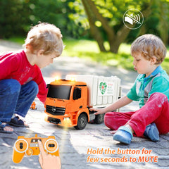 DOUBLE E Benz RC garbage truck battery and USB charger visible for easy power-ups