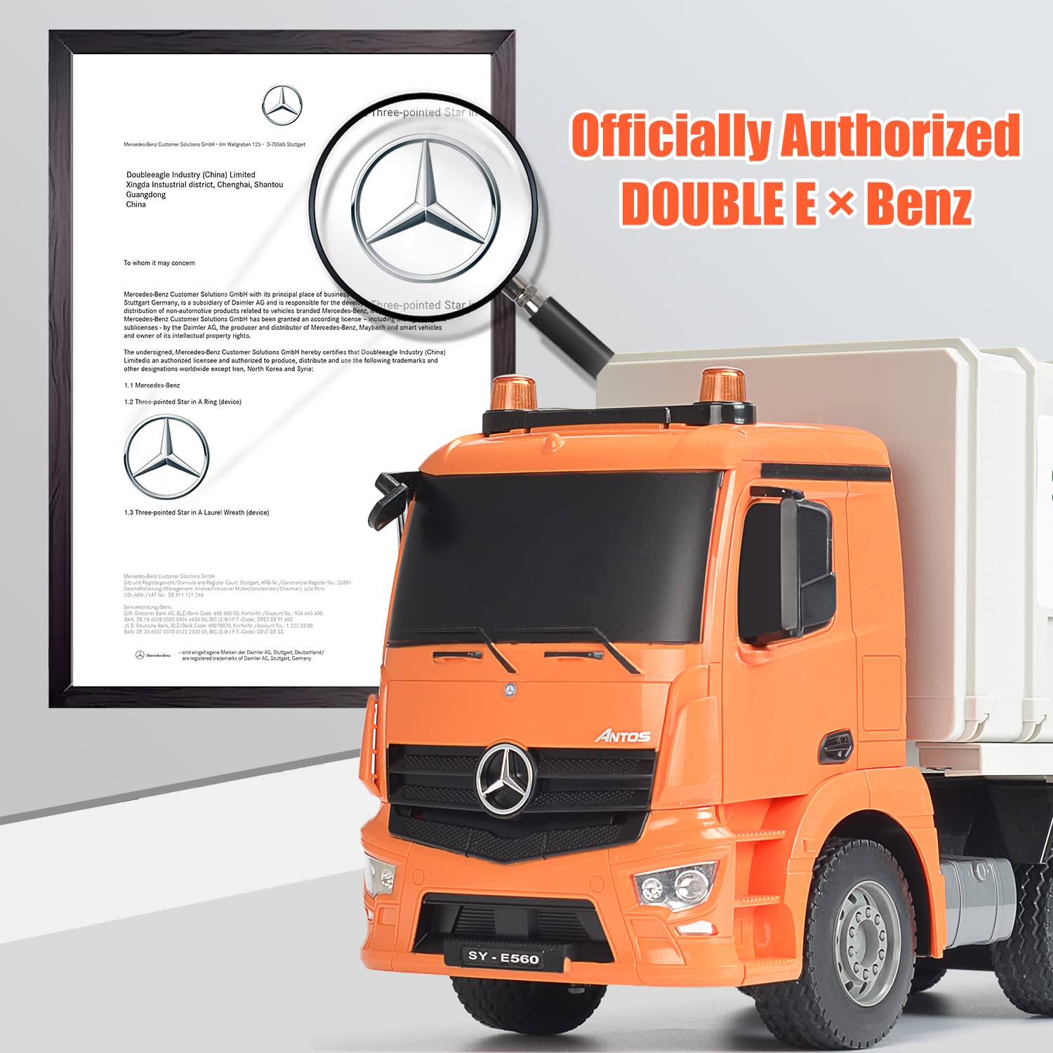 DOUBLE E Benz RC garbage truck showing rear dump action for hands-on learning