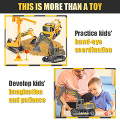 Double E dump trucks pair with excavator for coordinated sandbox fun.